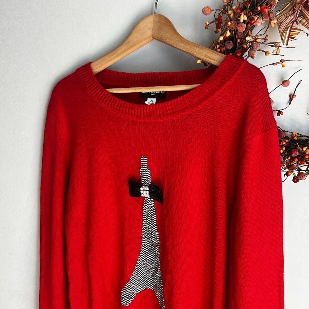 Karl Lagerfield Womens Eiffel Tower Bow Coquette Sweater LARGE Red Long Sleeve - Picture 3 of 11